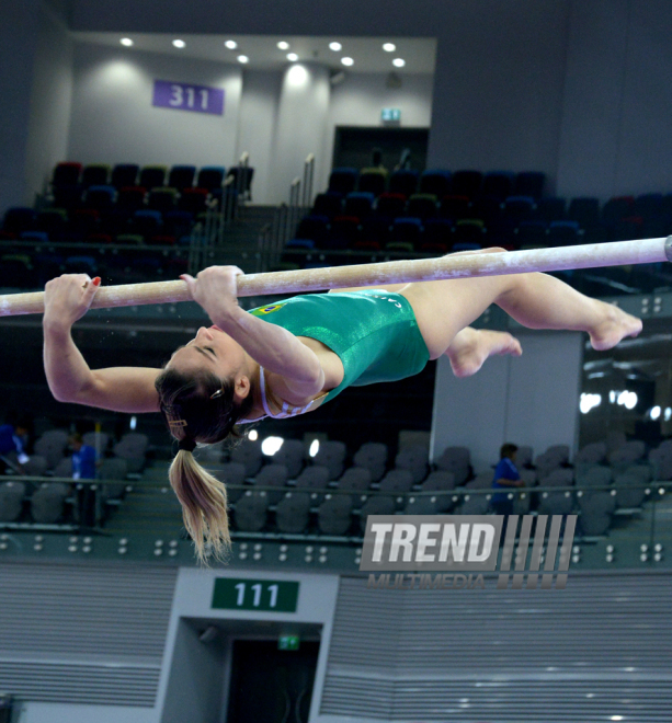 Bakıda Dünya Kubokunun iştirakçısı olan gimnastların podium məşqləri. Azərbaycan, 18 fevral, 2016